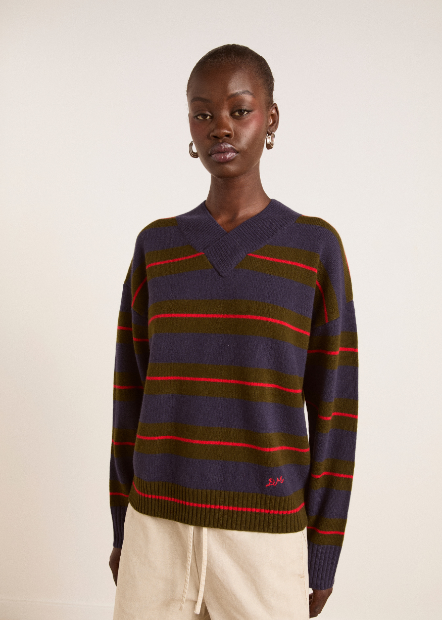 Damson Madder Odette V-neck Merino Wool Jumper - Olive/Navy Stripe