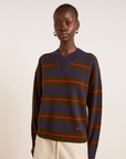 Damson Madder Odette V-neck Merino Wool Jumper - Olive/Navy Stripe