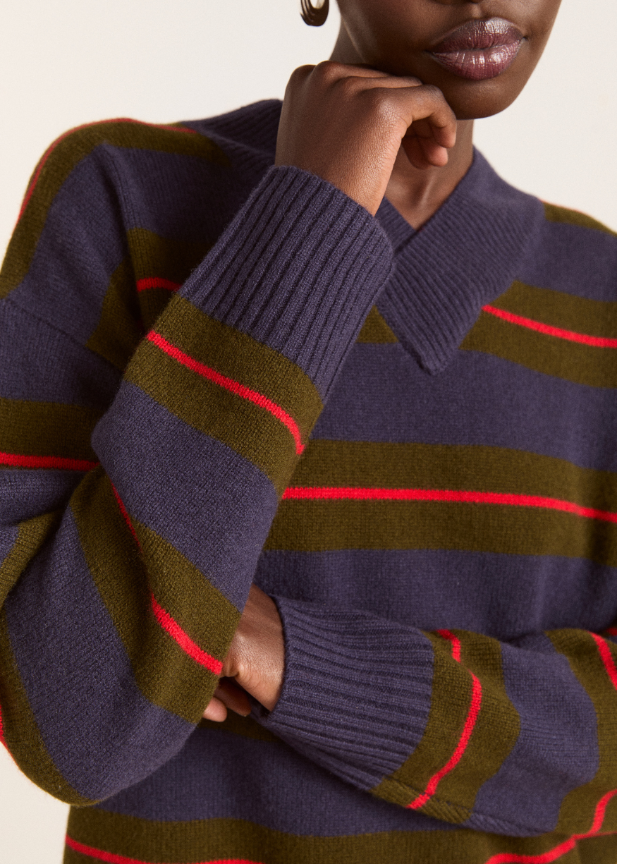 Damson Madder Odette V-neck Merino Wool Jumper - Olive/Navy Stripe