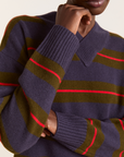 Damson Madder Odette V-neck Merino Wool Jumper - Olive/Navy Stripe