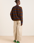 Damson Madder Odette V-neck Merino Wool Jumper - Olive/Navy Stripe