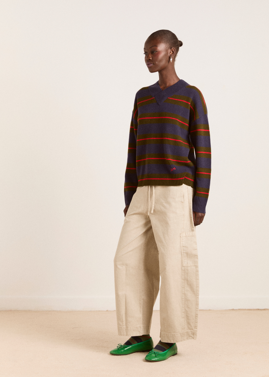 Damson Madder Odette V-neck Merino Wool Jumper - Olive/Navy Stripe