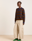Damson Madder Odette V-neck Merino Wool Jumper - Olive/Navy Stripe