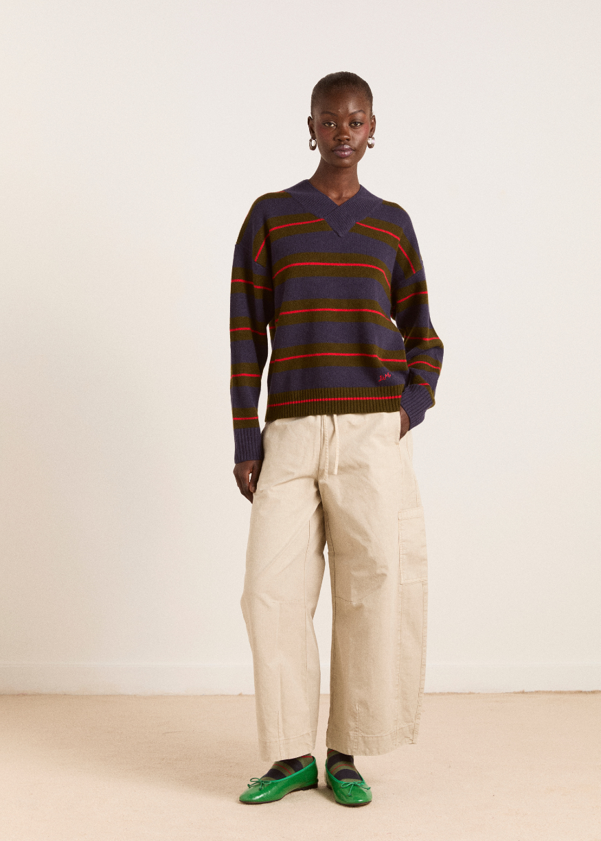 Damson Madder Odette V-neck Merino Wool Jumper - Olive/Navy Stripe