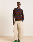 Damson Madder Odette V-neck Merino Wool Jumper - Olive/Navy Stripe