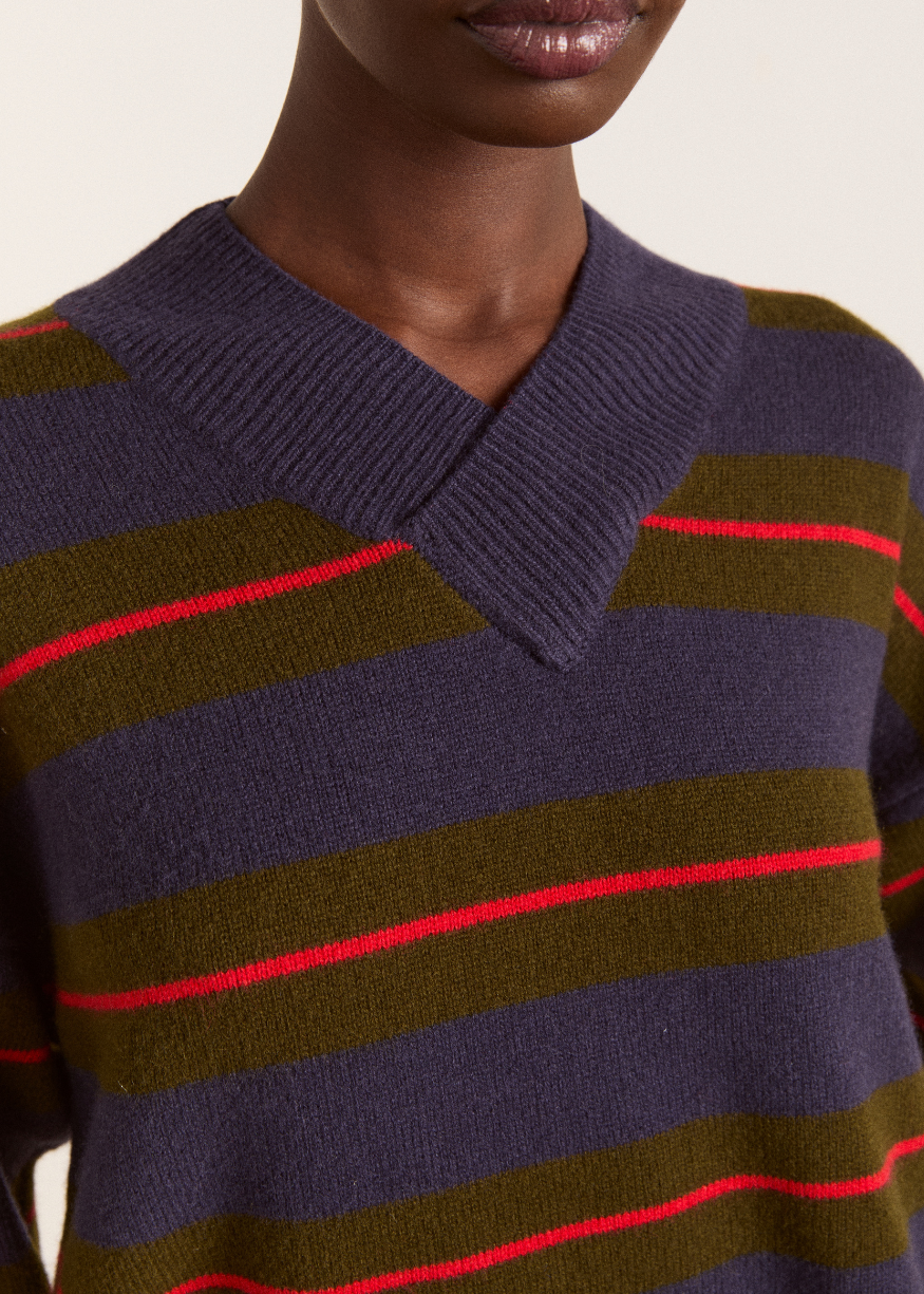 Damson Madder Odette V-neck Merino Wool Jumper - Olive/Navy Stripe