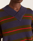 Damson Madder Odette V-neck Merino Wool Jumper - Olive/Navy Stripe