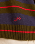 Damson Madder Odette V-neck Merino Wool Jumper - Olive/Navy Stripe