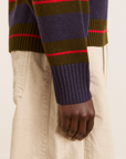 Damson Madder Odette V-neck Merino Wool Jumper - Olive/Navy Stripe