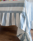 Blue Striped Ruffle Cotton-Linen Tablecloth