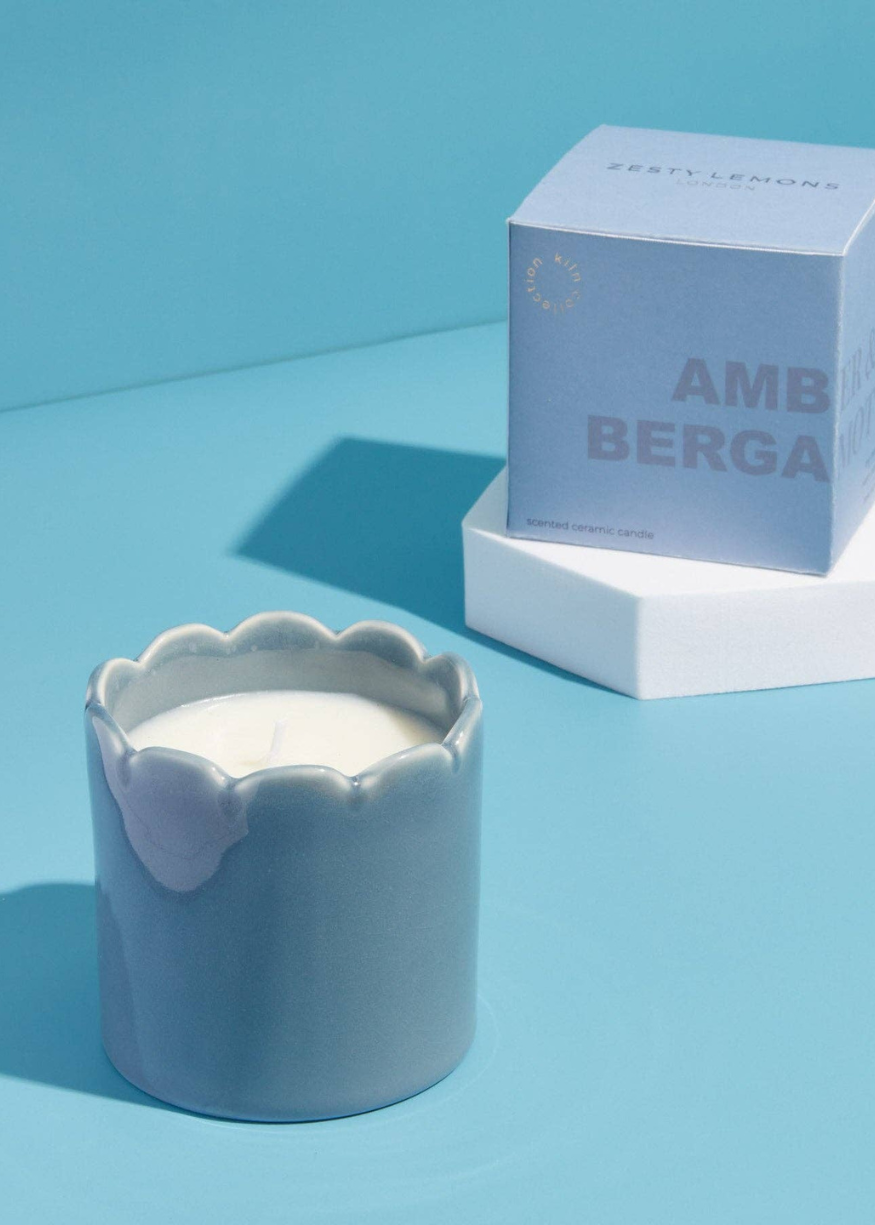 Ceramic Scalloped Sky Blue Candle - Amber & Bergamot
