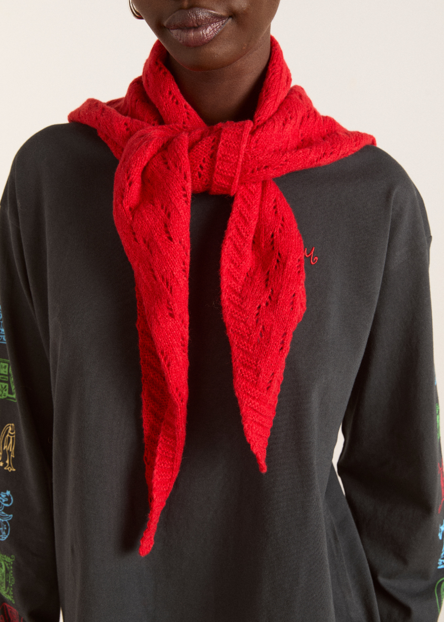 Damson Madder Knitted Pointelle Triangle Scarf - Red