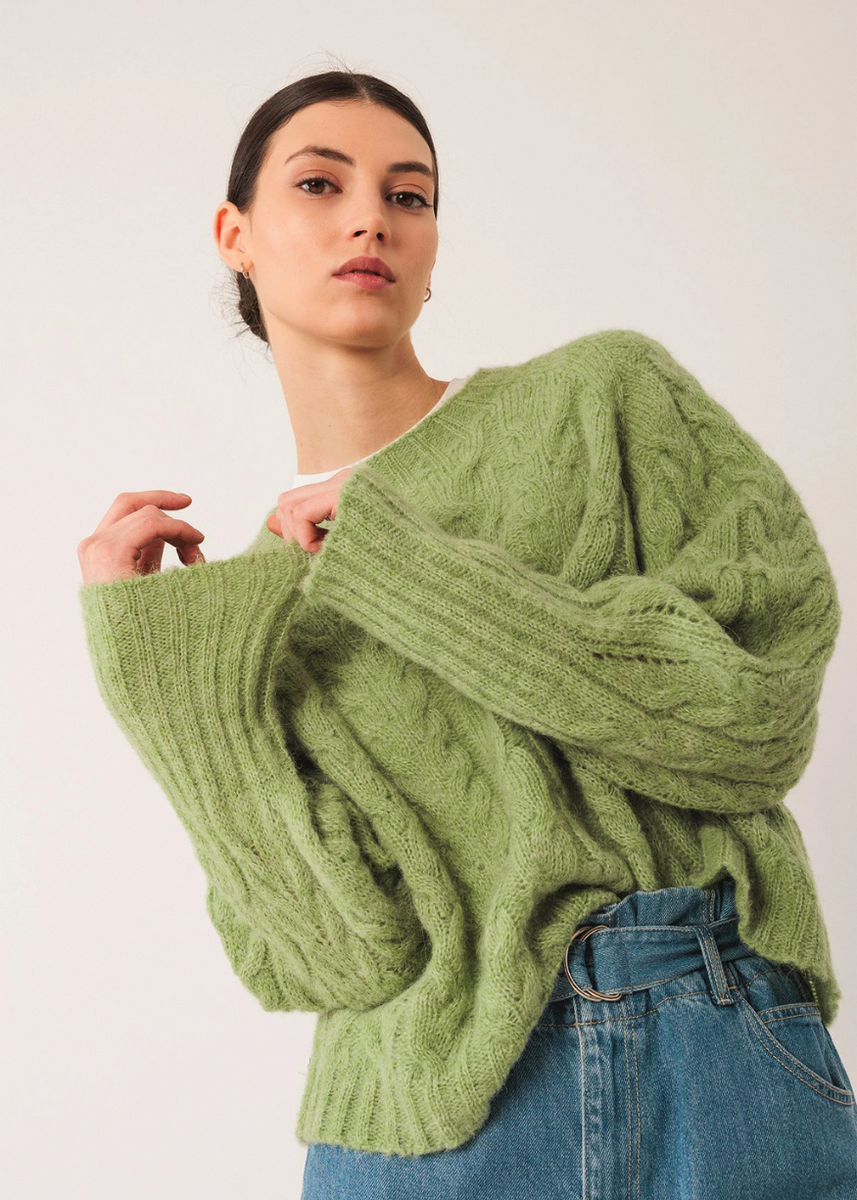 Indi Cold Cable Knit Jumper in Matcha Green – Quinn Says