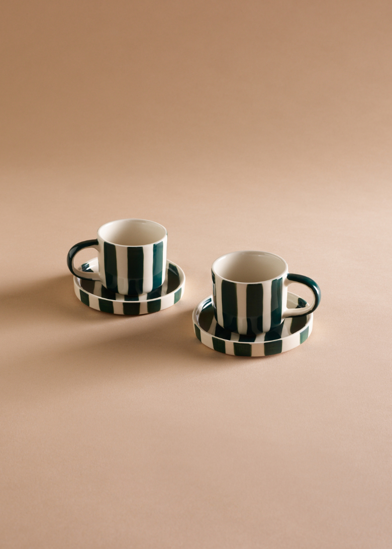 Striped Espresso Set, 4 Pieces - Forest Green