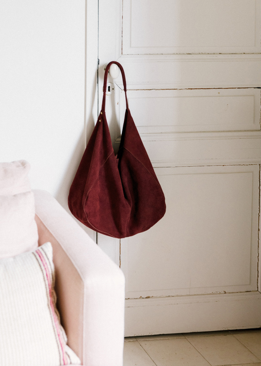 handbags, suede slouchy tote at Quinn Says