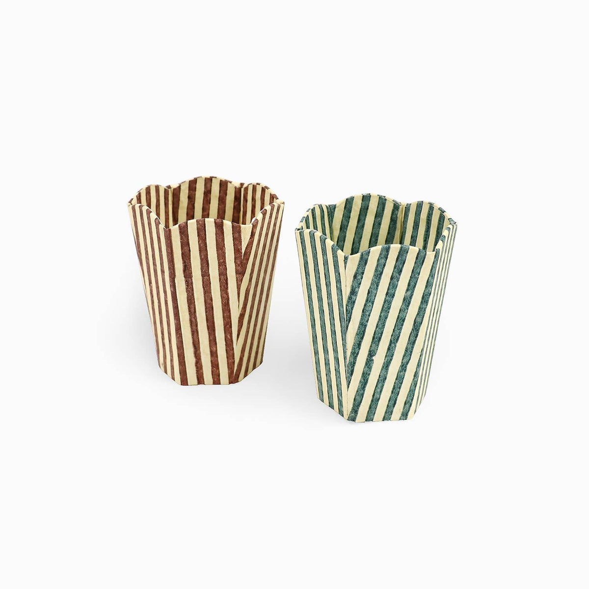 Block Printed Scalloped Pen Pot - Yellow & Brown Stripe