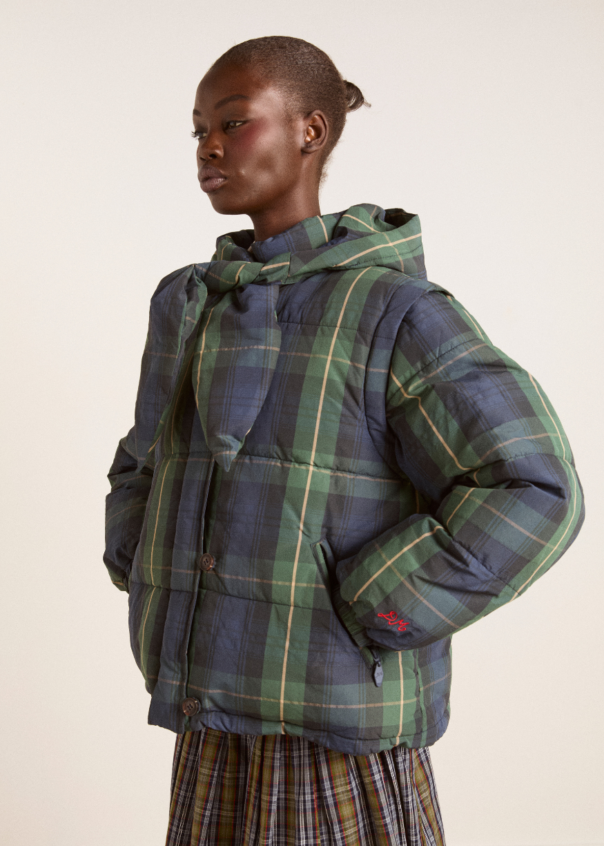 Damson Madder Pearl Hooded Puffer - Navy Check