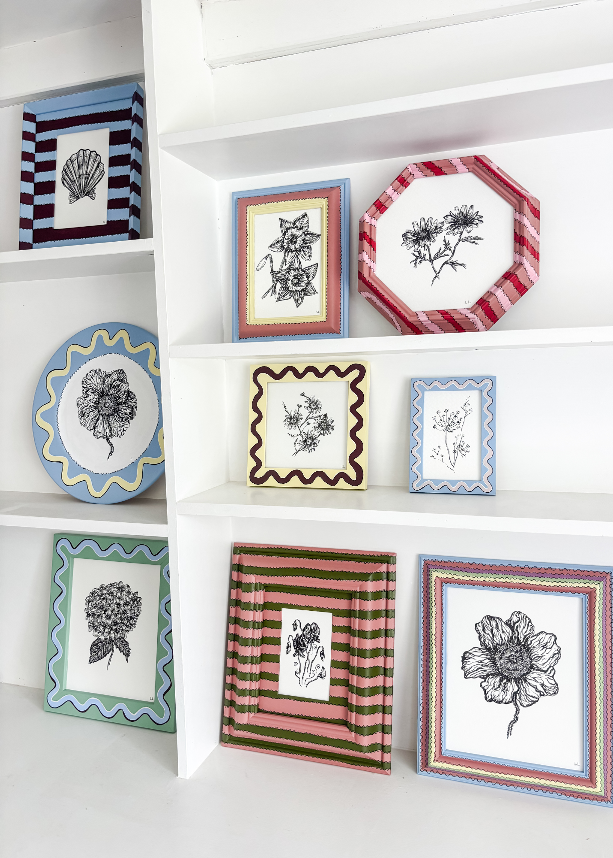 Blue, Pink &amp; Yellow Striped Daffodils Original Artwork by Ley Lines