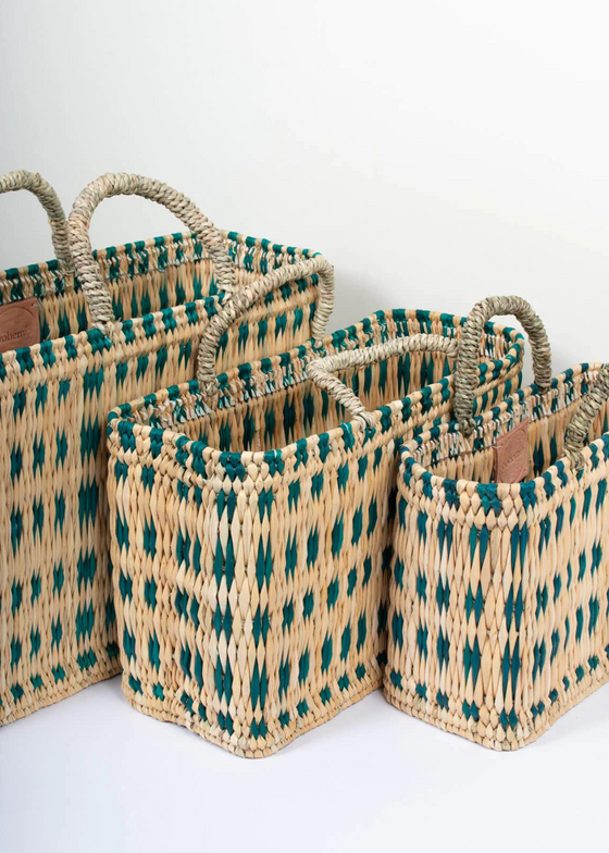 Set of 3 Woven Reed Baskets, Green