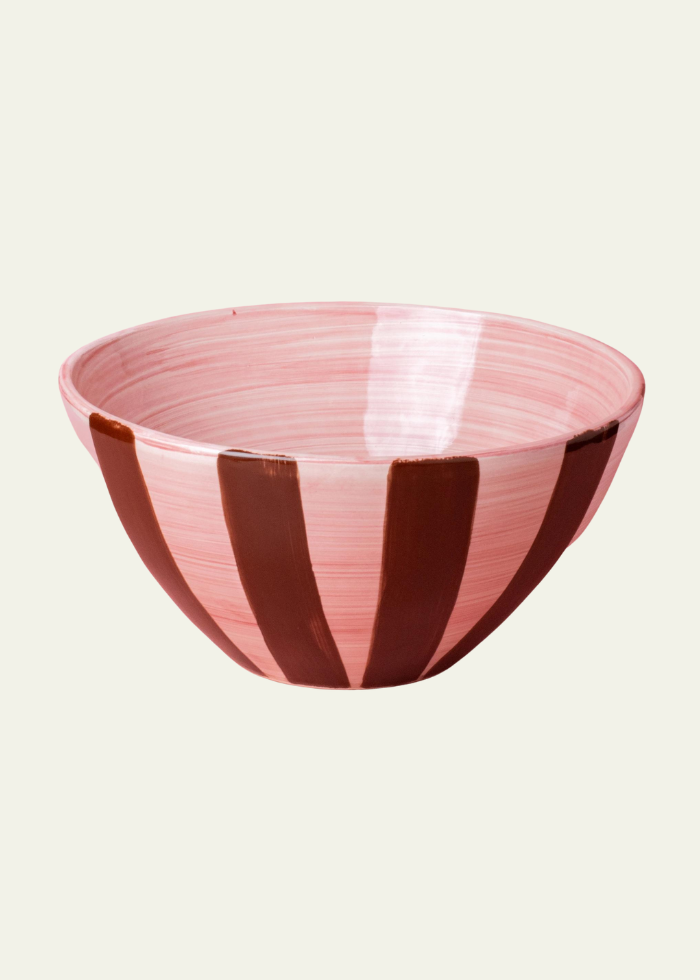 Ceramic Salad Bowl in Pink & Brown Stripes