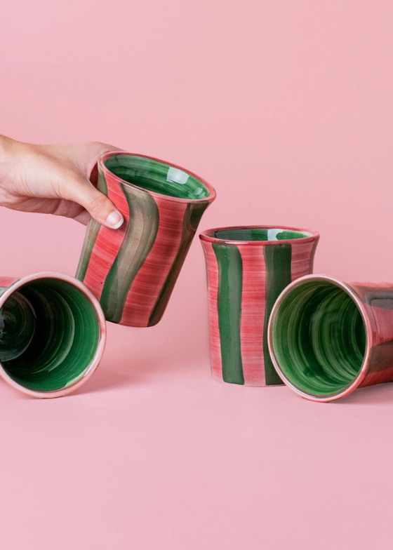 Ceramic Tumbler in Green & Pink Stripes