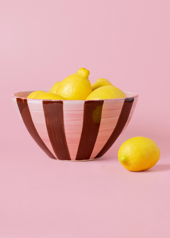 Ceramic Salad Bowl in Pink & Brown Stripes