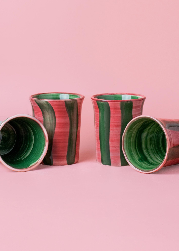 Ceramic Tumbler in Green & Pink Stripes