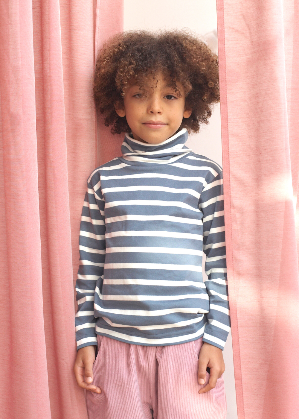 Pigeon Organics Breton Stripe Polo Neck Top in Deep Blue