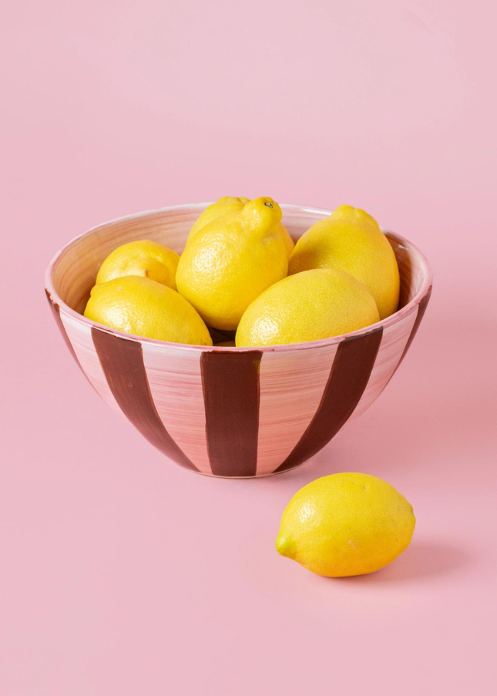 Ceramic Salad Bowl in Pink & Brown Stripes