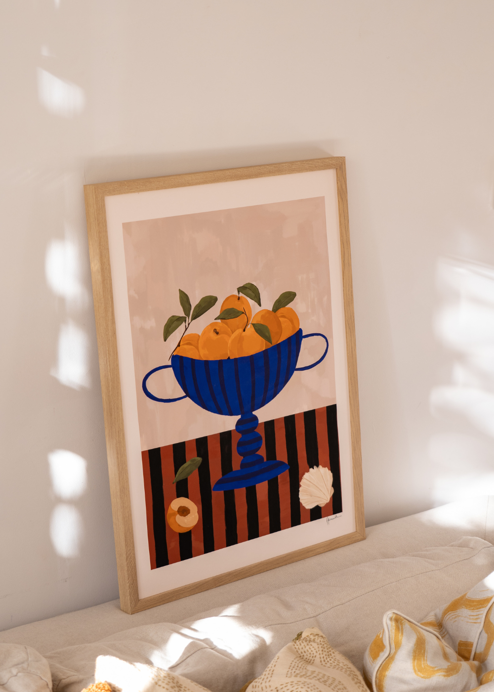 Frankie Penwill - Peaches in Blue Striped Bowl