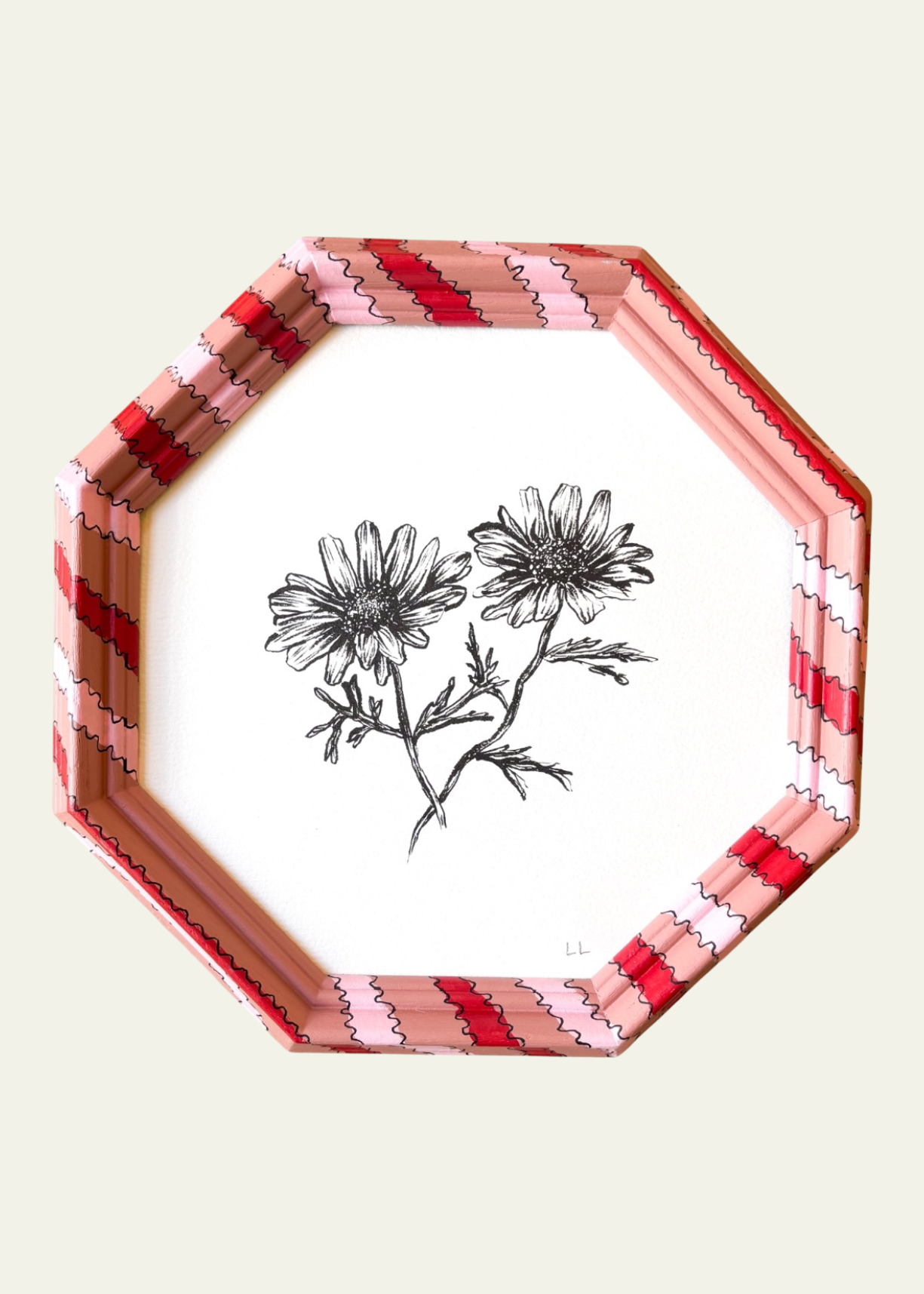 Pink &amp; Red Striped Daisy Original Artwork by Ley Lines
