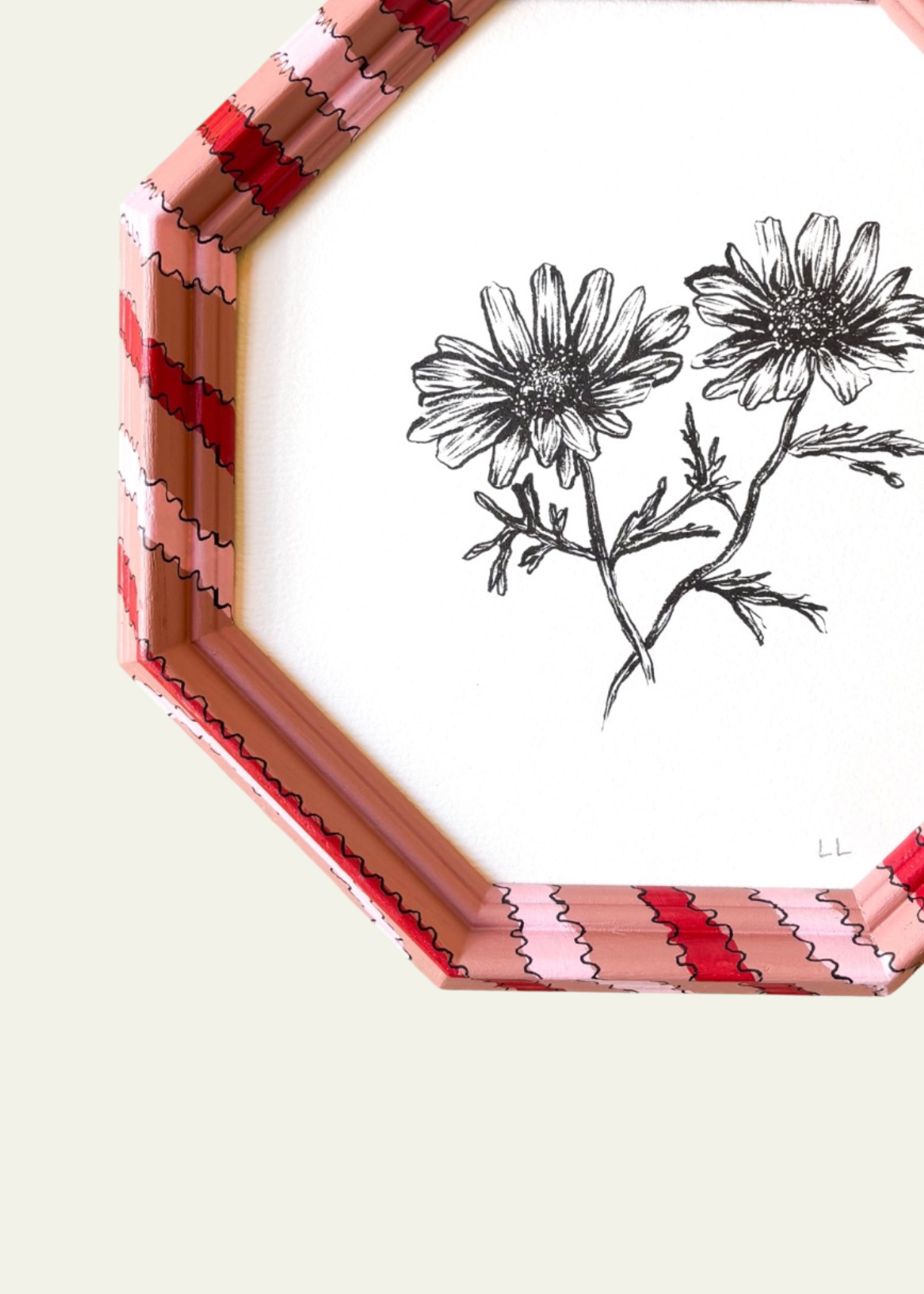 Pink &amp; Red Striped Daisy Original Artwork by Ley Lines