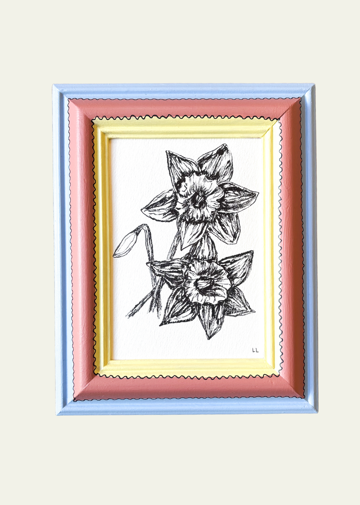Blue, Pink &amp; Yellow Striped Daffodils Original Artwork by Ley Lines