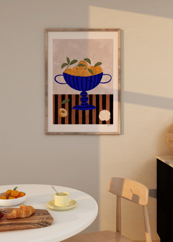 Frankie Penwill - Peaches in Blue Striped Bowl