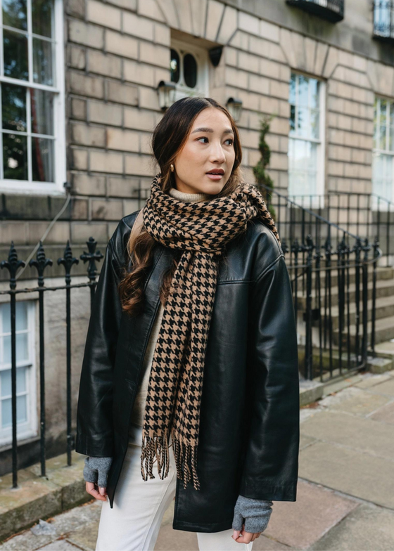 TBCo Lambswool Oversized Scarf in Camel Houndstooth