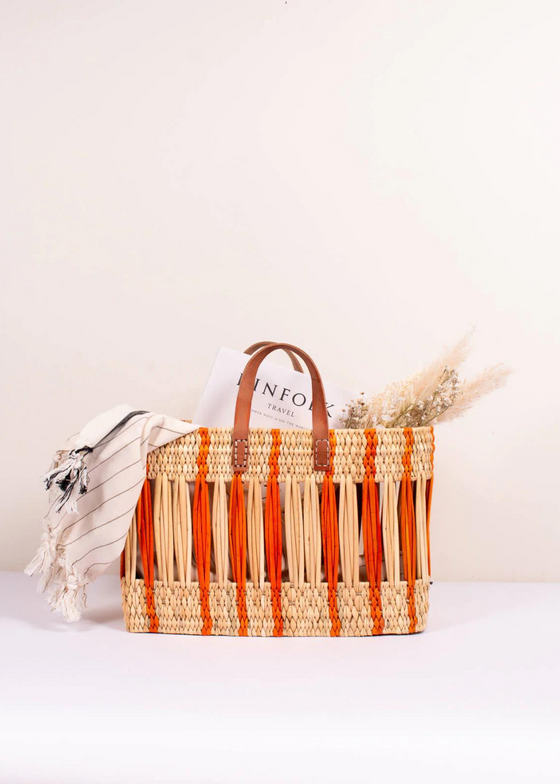 Set of 2 Decorative Reed Storage Baskets, Orange Stripe