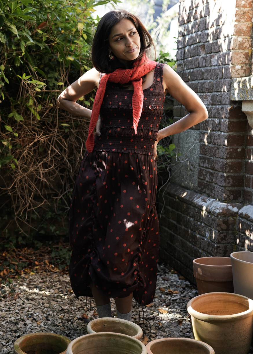 Damson Madder Cynthia Sheer Midi Dress - Burgundy Spot