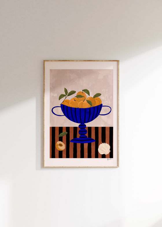 Frankie Penwill - Peaches in Blue Striped Bowl