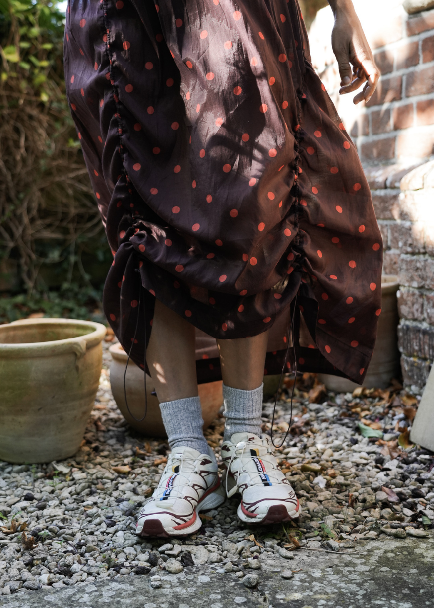 Damson Madder Cynthia Sheer Midi Dress - Burgundy Spot