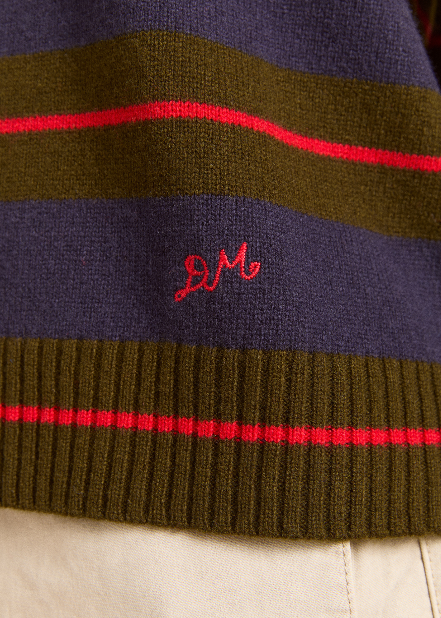 Damson Madder Odette V-neck Merino Wool Jumper - Olive/Navy Stripe
