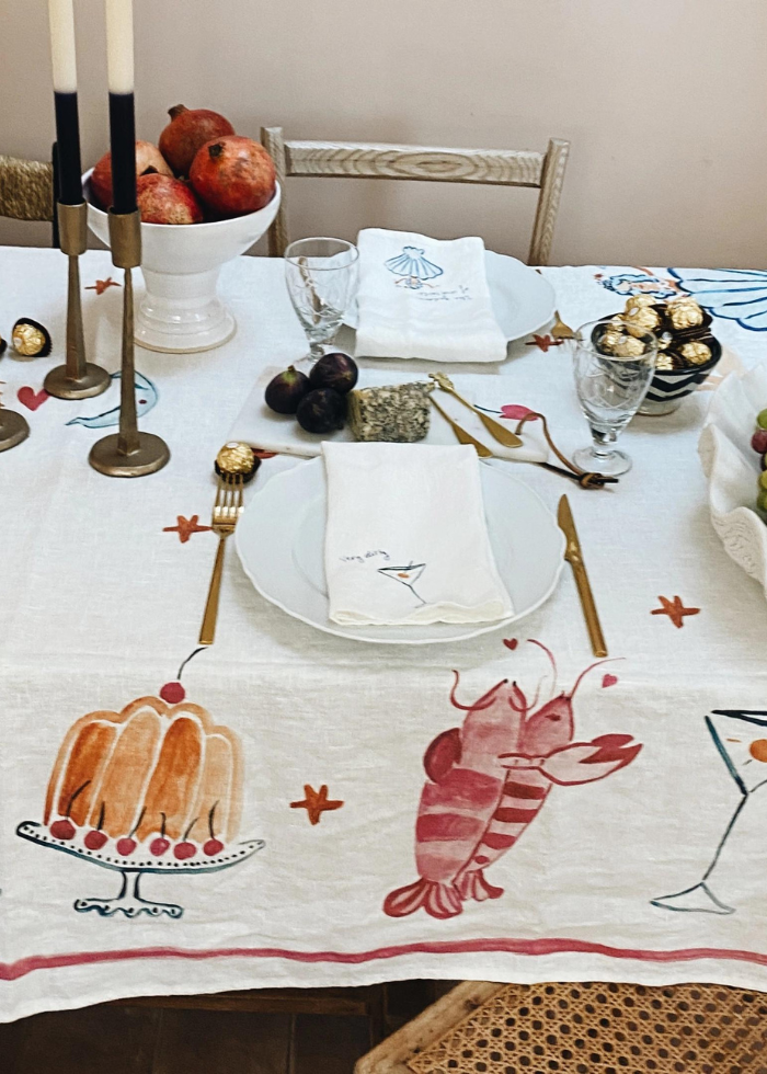 Lobster &amp; Martini Illustrated Linen Tablecloth