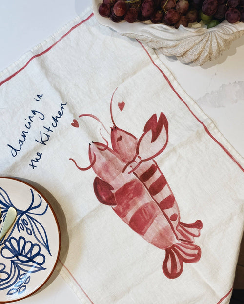 Dinette - Kitchen Dancing - Lobster Print Linen Teatowel