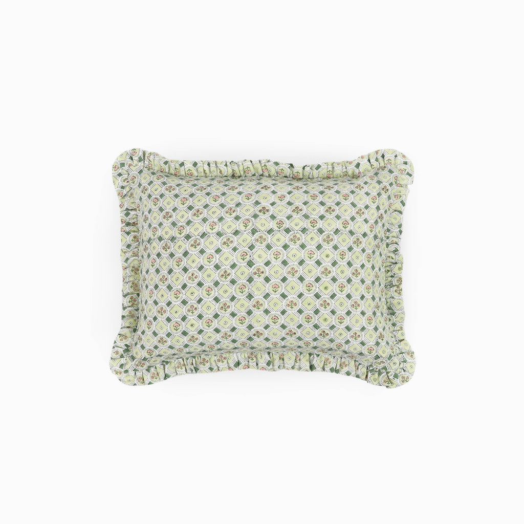 Block Printed Ruffled Cushion Cover - Spring Bloom Green