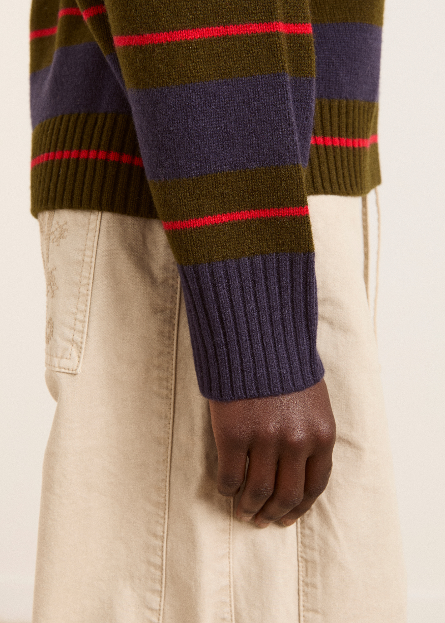 Damson Madder Odette V-neck Merino Wool Jumper - Olive/Navy Stripe