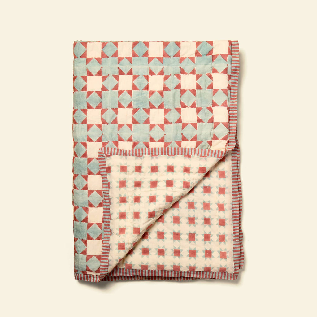 YONDER. hand block-printed organic cotton single quilt, Clover Cloud