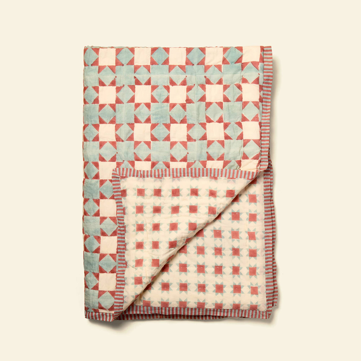 YONDER. hand block-printed organic cotton single quilt, Clover Cloud