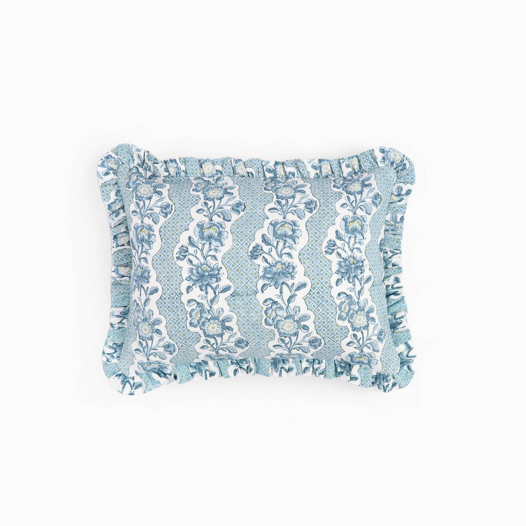 Block Printed Ruffled Cushion Cover - Blooming Trellis Indigo