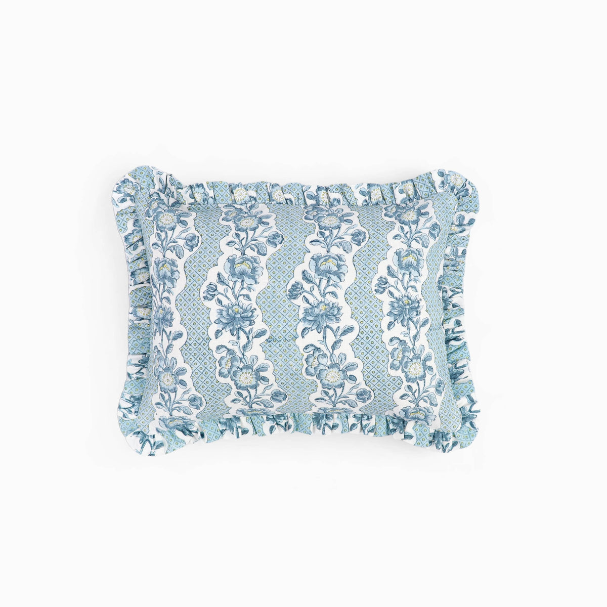 Block Printed Ruffled Cushion Cover - Blooming Trellis Indigo