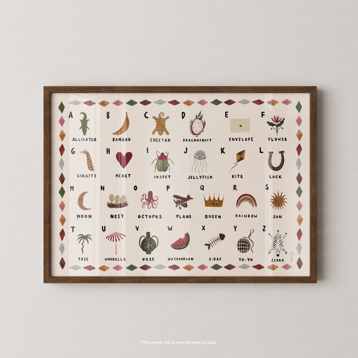 Alphabet Print Landscape - Multi Chequered by Nephthys Illustrated, A2 print shown in a dark wood frame