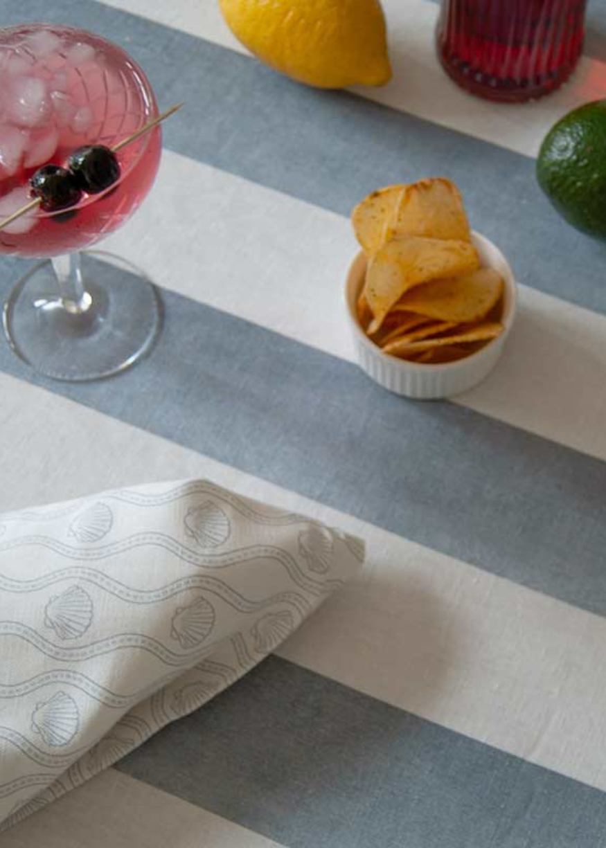 Blue Striped Ruffle Cotton-Linen Tablecloth